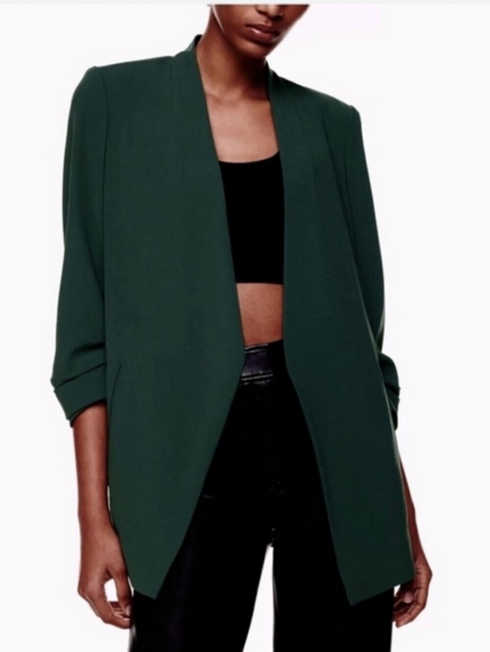 Aritzia Babaton Power Hip Blazer 3/4 Sleeve Green Crepe Fabric Size 0